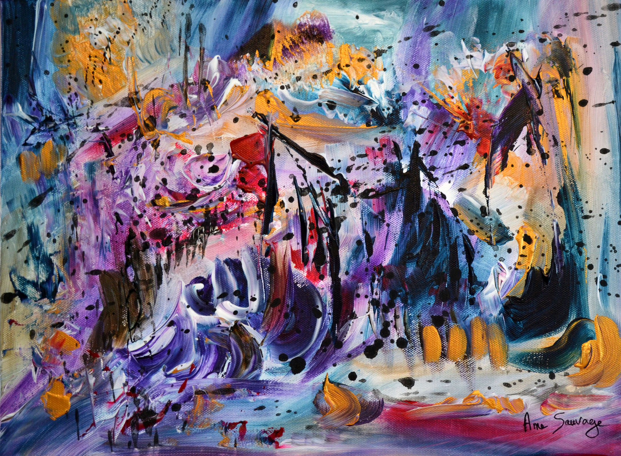 tableau abstrait contemporain violet mauve remous interieurs
