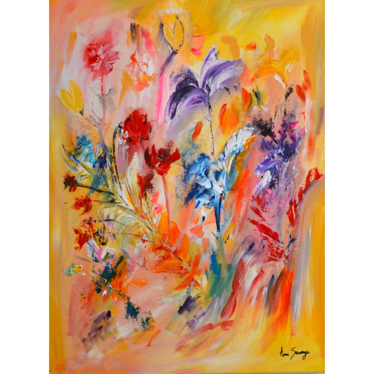 tableau abstrait fleurs jaune