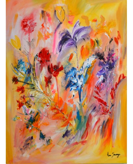 tableau abstrait fleurs jaune