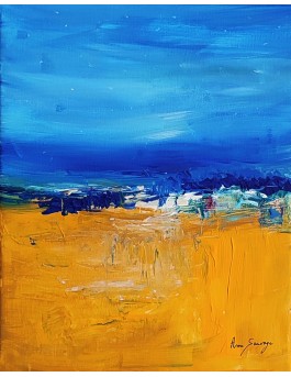 tableau abstrait bleu et jaune sable