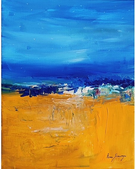 tableau abstrait bleu et jaune sable