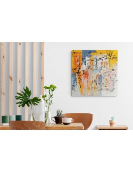 grand tableau abstrait moderne orange jaune rose bleu blanc