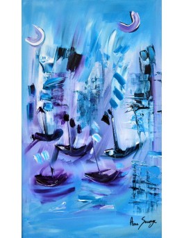 tableau abstrait violet bleu bateaux