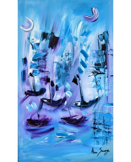 tableau abstrait violet bleu bateaux