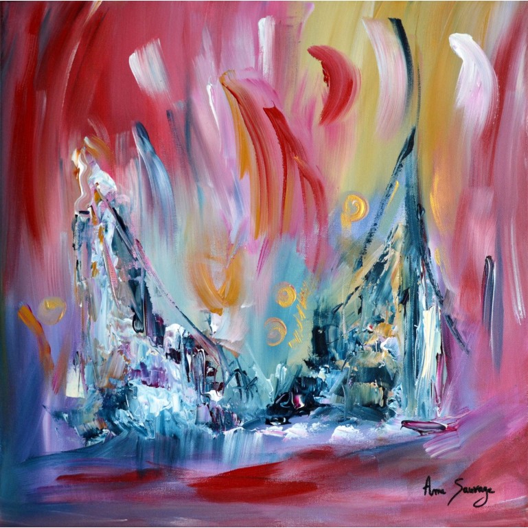 Montagnes des songes - tableau abstrait rouge bleu jaune