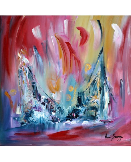 Montagnes des songes - tableau abstrait rouge bleu jaune