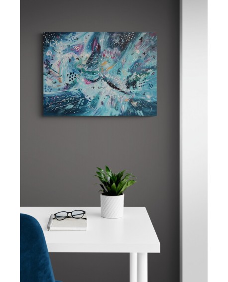 tableau abstrait bleu féérique avec fées et papillons