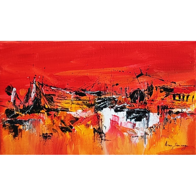 tableau abstrait rouge jaune orange noir taureaux