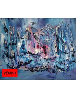 tableau abstrait bleu et rose Le port de glace