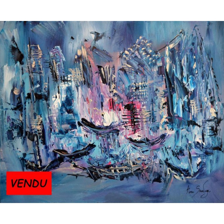 tableau abstrait bleu et rose Le port de glace