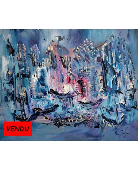 tableau abstrait bleu et rose Le port de glace