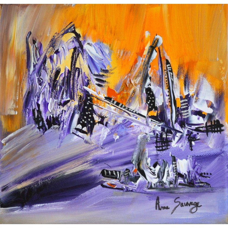 Soleil sur la neige - tableau abstrait violet orange