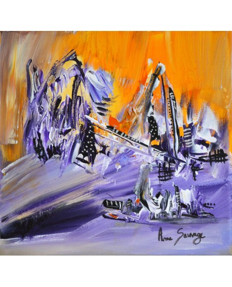 Soleil sur la neige - tableau abstrait violet orange
