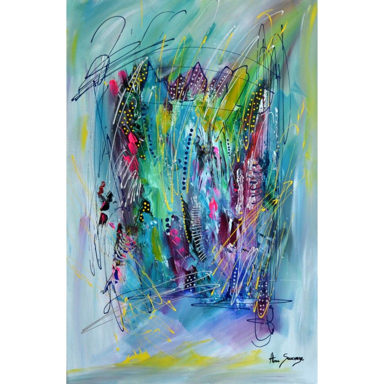 La femme et l'enfant - Tableau abstrait vert rose