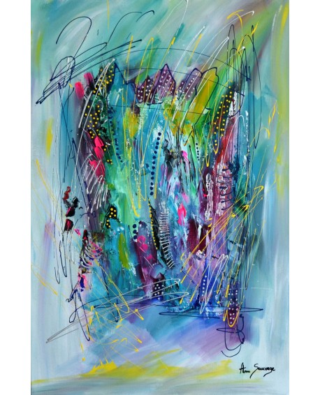 La femme et l'enfant - Tableau abstrait vert rose