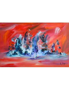 L'île oubliée - tableau abstrait orange et bleu