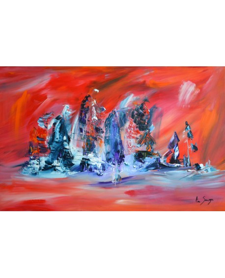 L'île oubliée - tableau abstrait orange et bleu