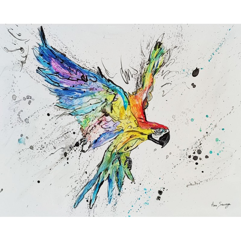 tableau peinture perroquet multicolore