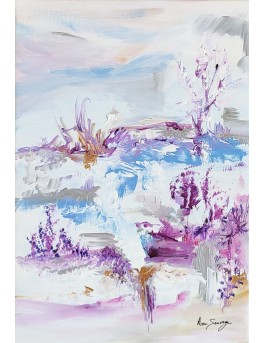 tableau abstrait vertical violet blanc bleu pastel au couteau à peindre