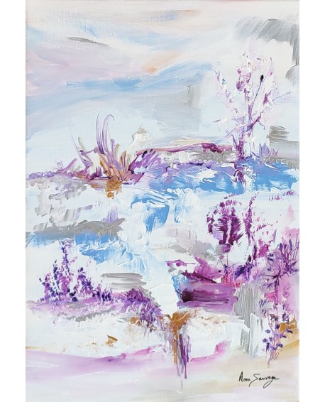 tableau abstrait vertical violet blanc bleu pastel au couteau à peindre