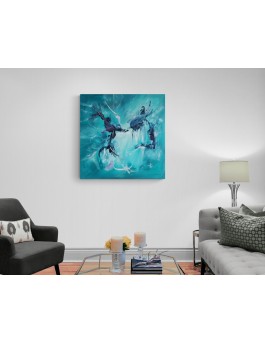 grand tableau abstrait bleu moderne pour salon unique et peint à la main sur toile
