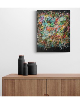 tableau abstrait multicolore sur fond noir vertical