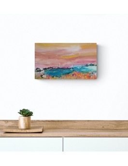 tableau abstrait paysage rose bleu