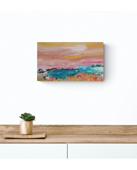 tableau abstrait paysage rose bleu
