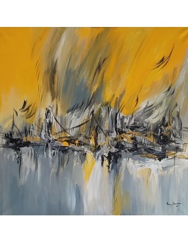 grand tableau abstrait gris jaune moderne sur toile
