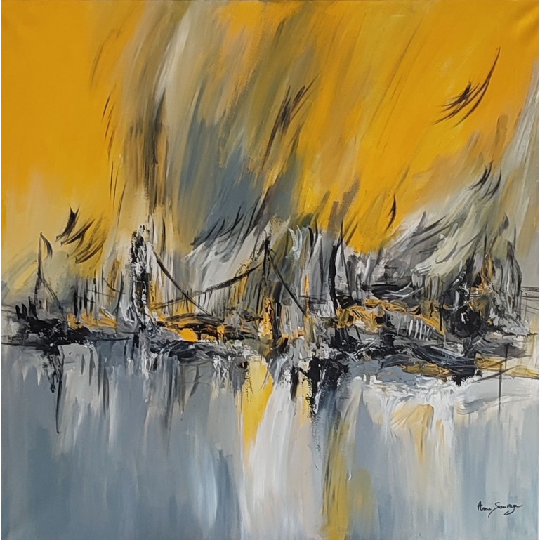 grand tableau abstrait gris jaune moderne sur toile