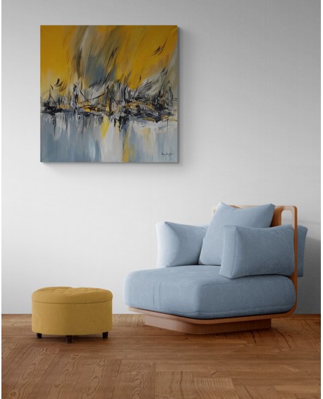 grand tableau abstrait moderne gris et jaune salon