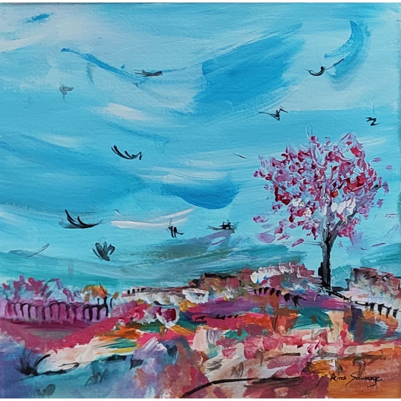 tableau abstrait bleu et rose arbre
