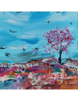 peinture abstraite bleu rose arbre