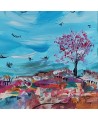 peinture abstraite bleu rose arbre