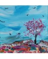 tableau abstrait bleu rose arbre