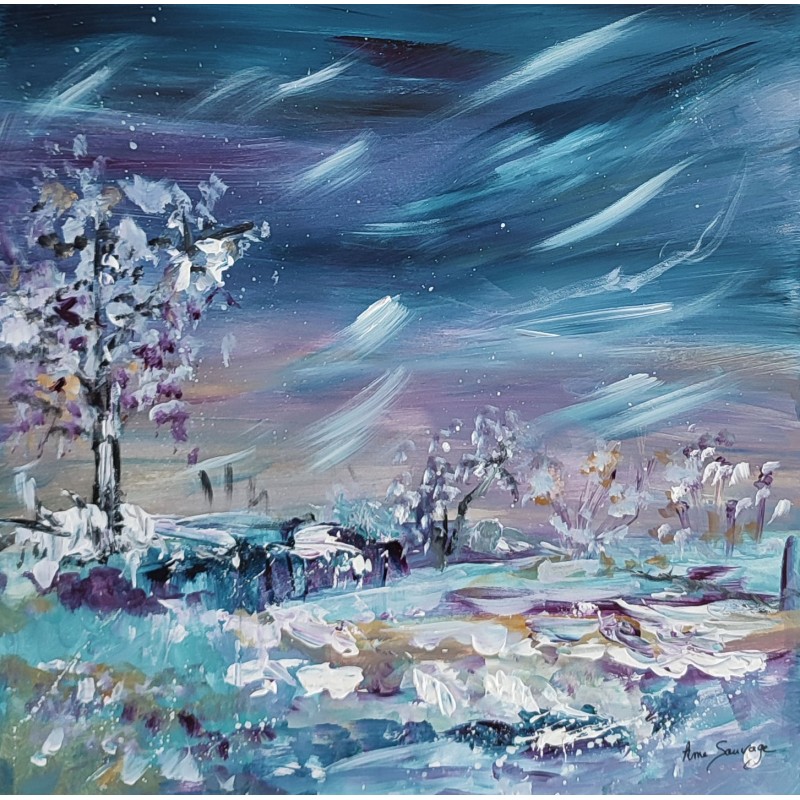 tableau abstrait violet hiver neige glace arbre enneigé