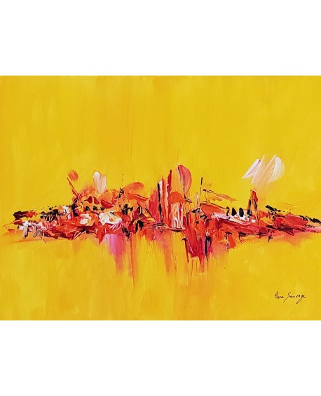 tableau abstrait jaune rouge orange