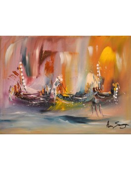 Océan arc en ciel - Tableau abstrait de bateaux