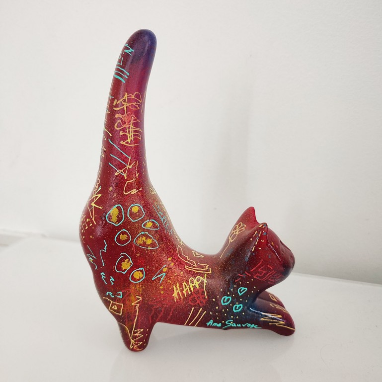sculpture chat céramique rouge