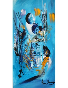 Attente - Tableau bleu turquoise et or sur bois