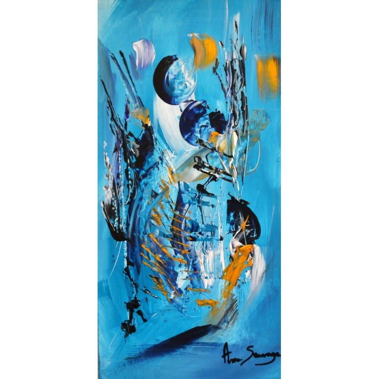Attente - Tableau bleu turquoise et or sur bois