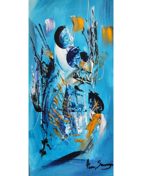 Attente - Tableau bleu turquoise et or sur bois