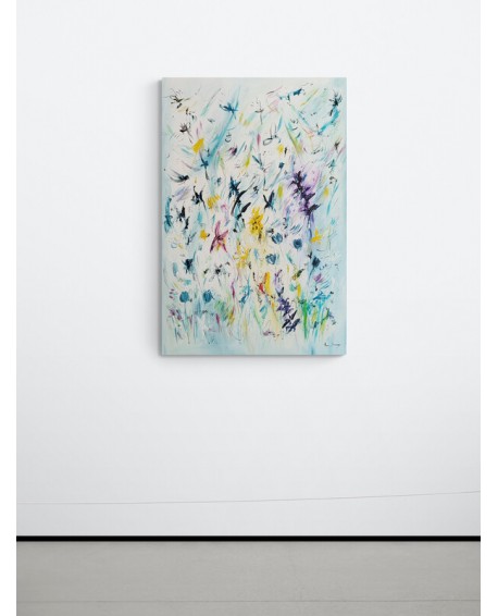 grand tableau abstrait moderne bleu fleurs