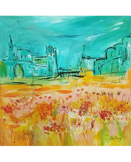 La citadelle - tableau abstrait bleu jaune orange