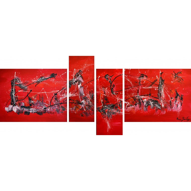 grand tableau abstrait rouge en plusieurs parties