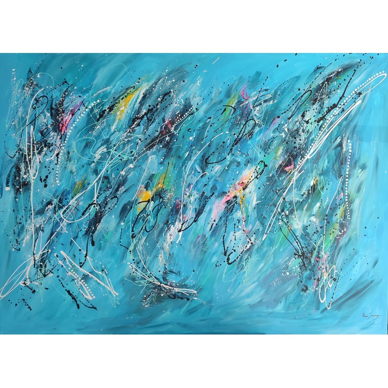Une peinture abstraite bleu de grand format : tableau xxl contemporain  unique
