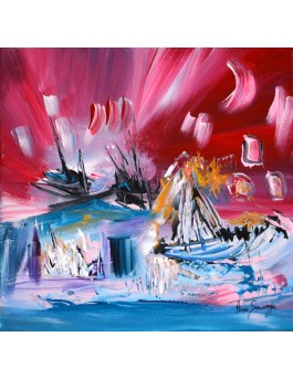 Tableau abstrait rouge bleu noir blanc or avec bateaux