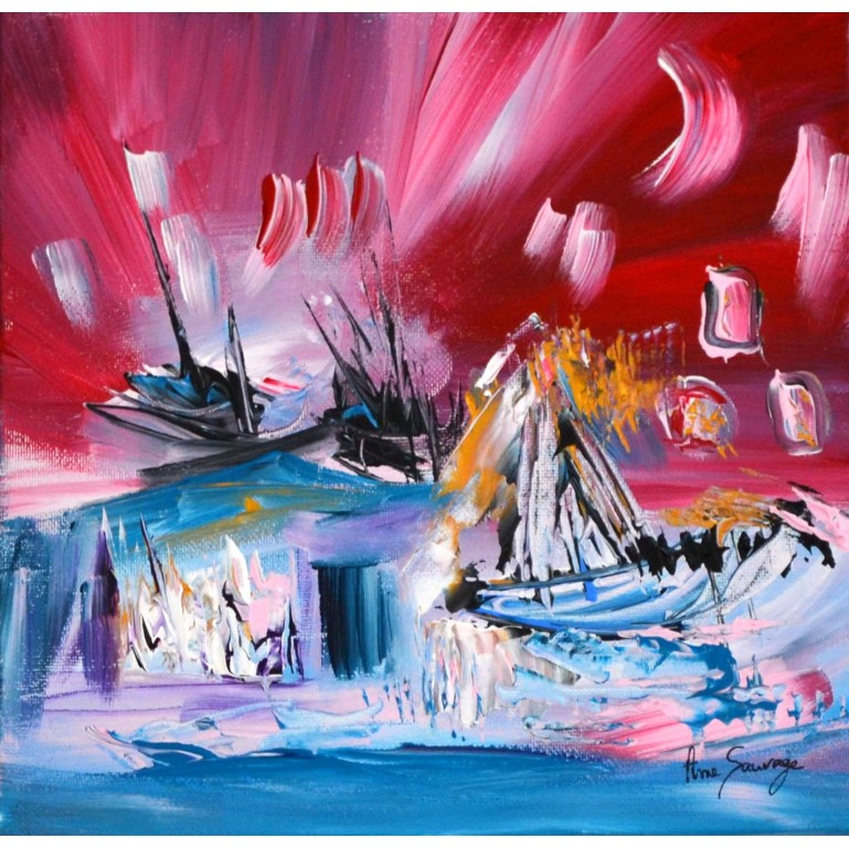 Tableau abstrait rouge bleu noir blanc or avec bateaux