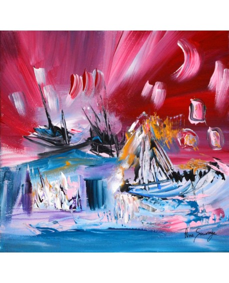 Tableau abstrait rouge bleu noir blanc or avec bateaux