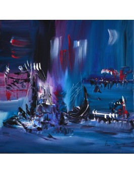 Tableau abstrait bleu bateaux